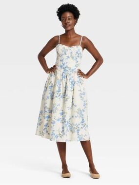 A New Day Women's Corset Midi Dress - Cream Blue Floral - M, L or 1X